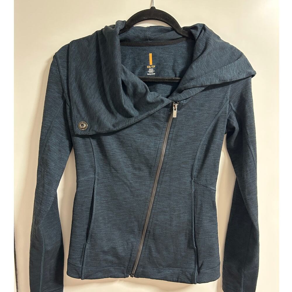 Lucy Women's Hatha XS Asymmetrical Zip Up Jacket‎ Funnel Neck Teal Heathered